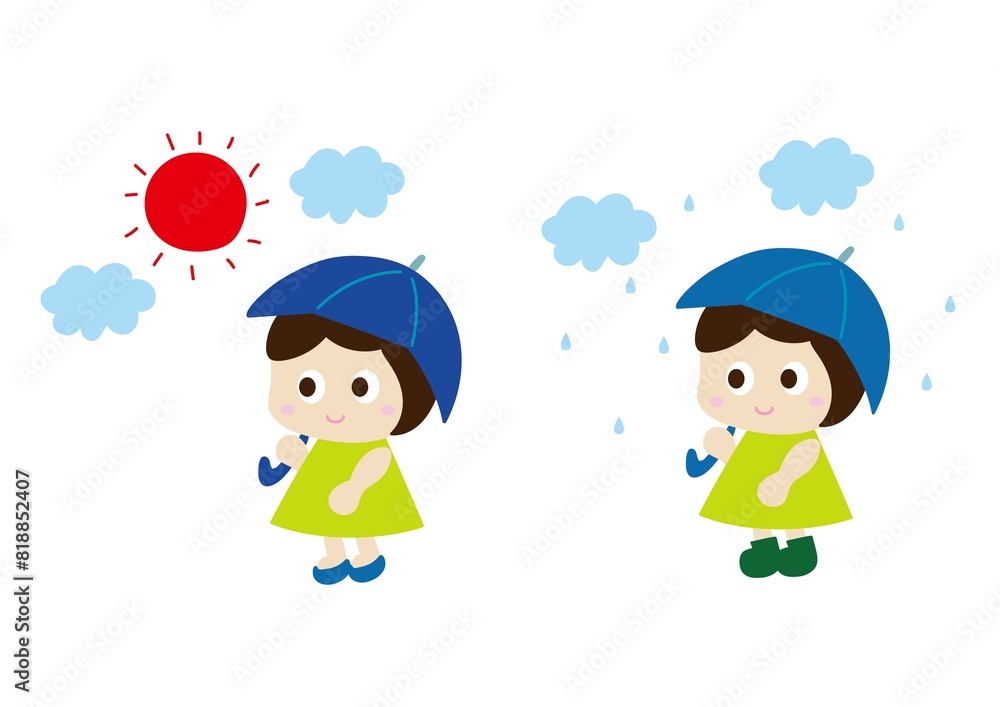 雨の日と晴れの日の傘をさす女の子のセット 雨の日と晴れの日の傘をさす女の子のセット