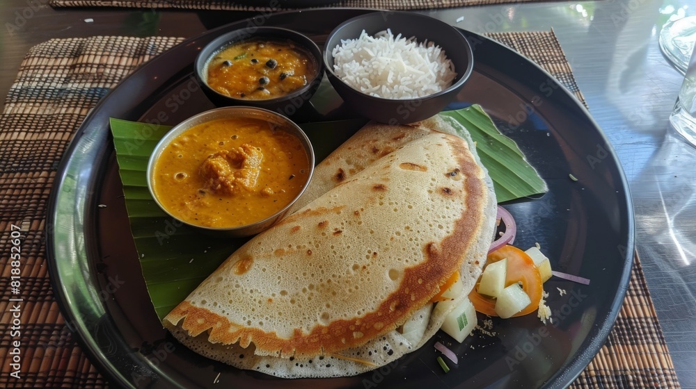 Delicious masala dosa with a side of coconut chutney and sambar Delicious masala dosa with a side of coconut chutney and sambar