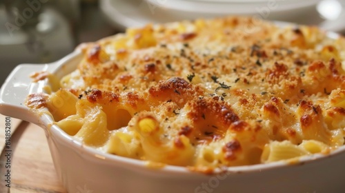 Delicious macaroni and cheese baked to perfection with a golden crust on top
