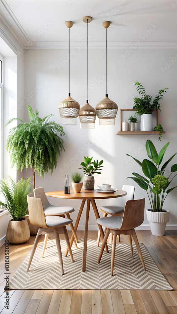 Minimalistic Boho Dining Room with a Few Plants, Simple and Elegant, Featuring Natural Materials and Cozy Atmosphere