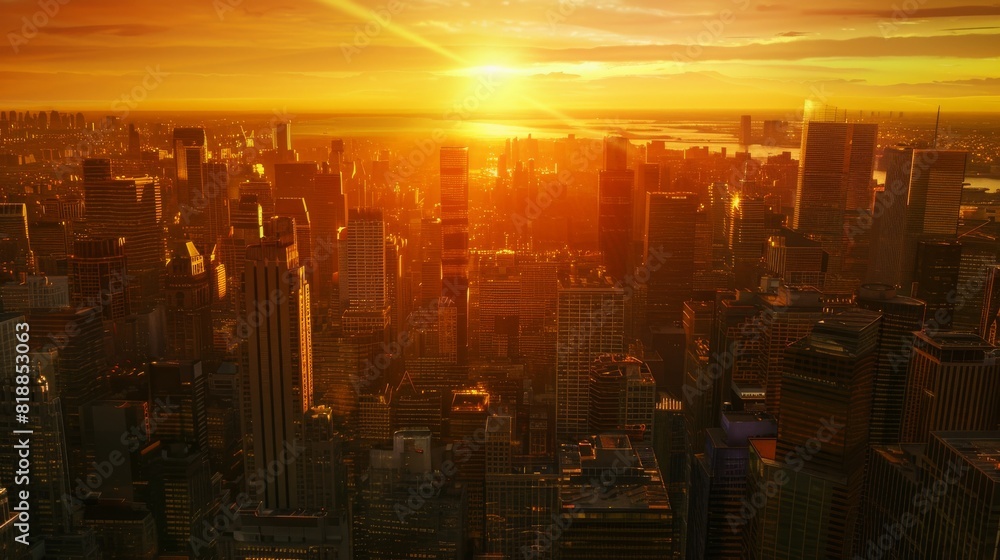 The photo shows a cityscape with skyscrapers and a bright sun rising above them. The sky is orange and the buildings are dark. The photo shows a cityscape with skyscrapers and a bright sun rising above them. The sky is orange and the buildings are dark.