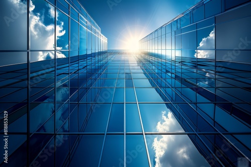 The photo is an upward view of a modern glass skyscraper with blue reflective windows.