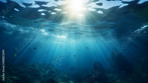 Beautiful blue ocean background with sunlight. Generative AI.