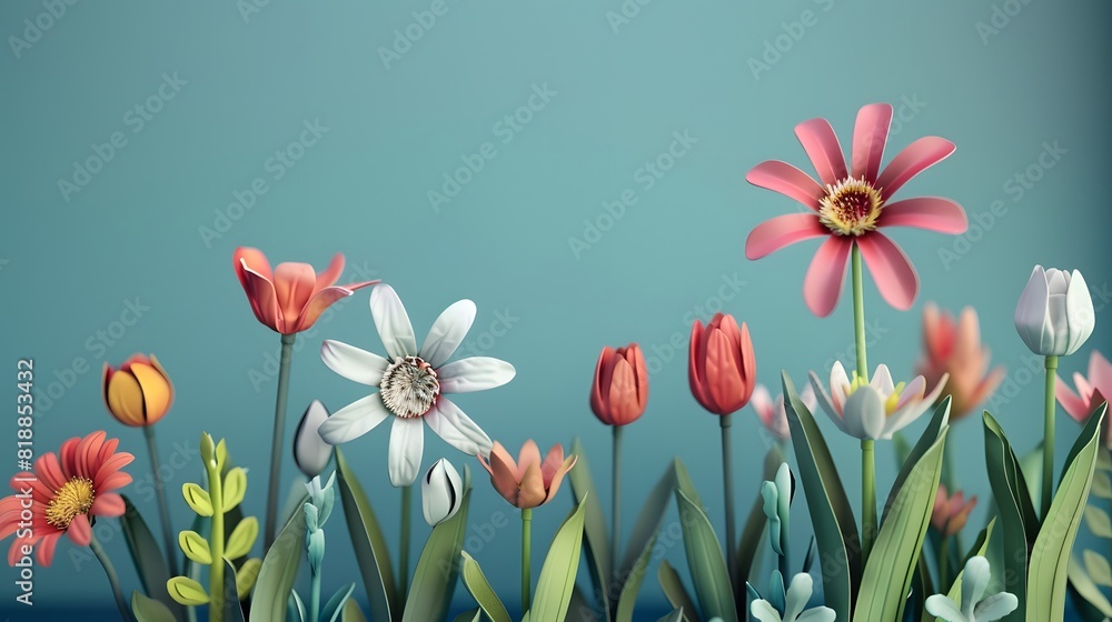 Background with spring or summer flowers with empty space. Floral frame with blooming flowers