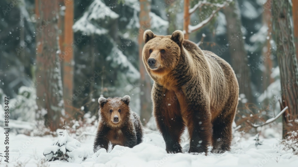 Brown bear with cub in winter forest. Brown bear with cub in winter forest.