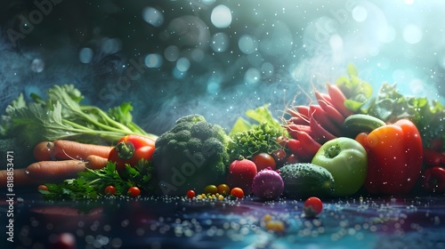 Background with different fresh organic vegetables. Broccoli, peppers, radishes, carrots