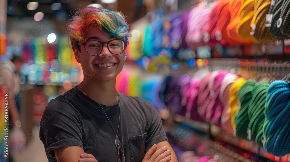 LGBTQ individual working in a retail environment, arranging pridethemed merchandise LGBTQ individual working in a retail environment, arranging pridethemed merchandise