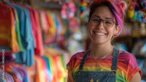 LGBTQ individual working in a retail environment, arranging pridethemed merchandise