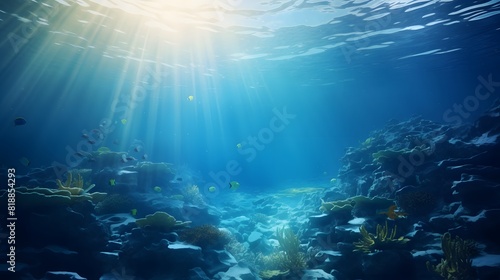 Beautiful blue ocean background with sunlight. Generative AI.