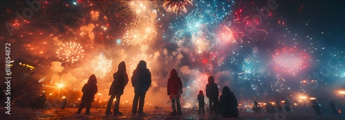 Children watching fireworks with awe, illuminated by the colorful bursts in the sky