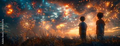 Children watching fireworks with awe, illuminated by the colorful bursts in the sky