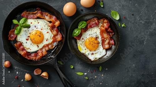Bundle of two pans with fried eggs and bacon (side and top view). photo
