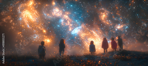 Children watching fireworks with awe, illuminated by the colorful bursts in the sky