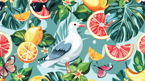 Summertime seamless pattern with exotic fruits seashe