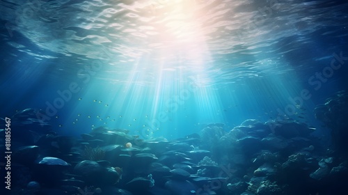 Beautiful blue ocean background with sunlight. Generative AI. © Studicon