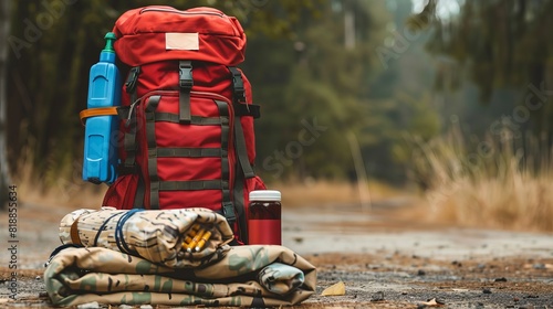 Backpack containing survival kit items for emergency evacuation or disaster preparedness photo