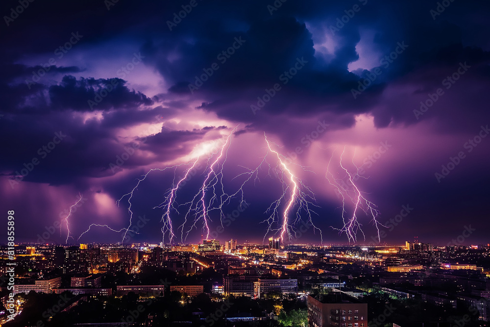 city skyline under a powerful lightning storm at night