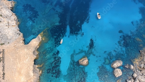 Aerial drone top-down photo of sailboats and yachts in Cala Figuera Beach, Mallorca, Spain photo