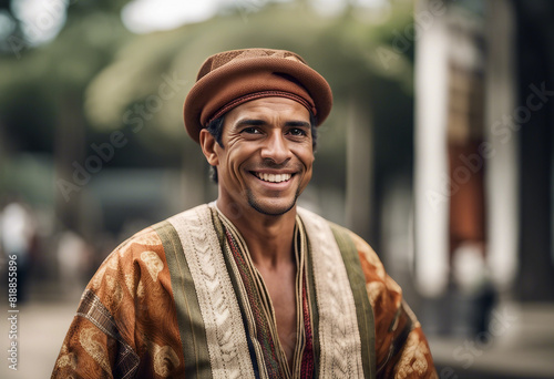 portrait of a Brazilian man in traditional dress with a sincere smile, isolated white background 