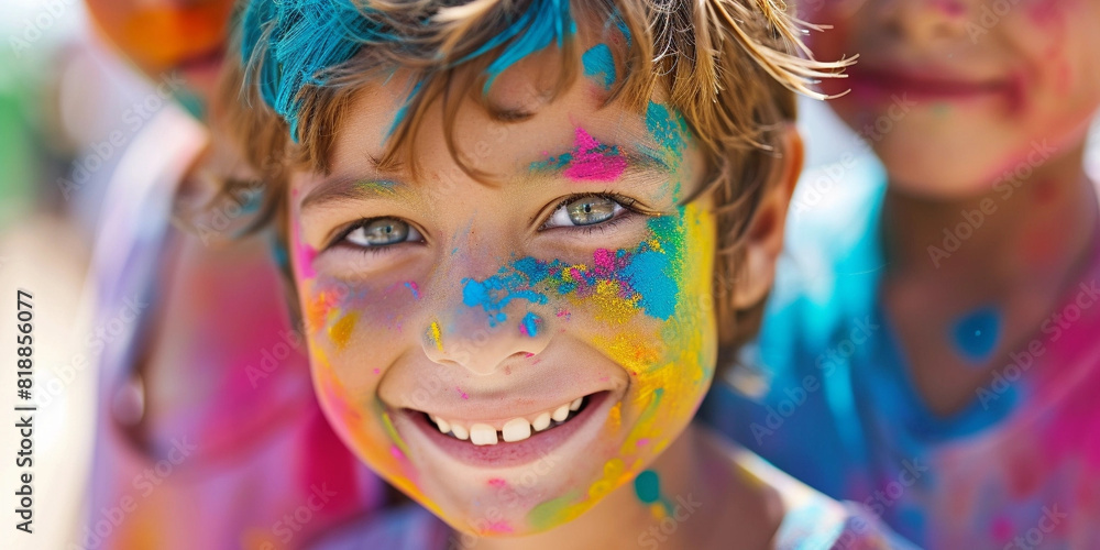 A joyful child with a bright smile and sparkling eyes, covered in colorful powder paint, captures the essence of fun and celebration in a vibrant, playful,
and Holi festival atmosphere.
A joyful child with a bright smile and sparkling eyes, covered in colorful powder paint, captures the essence of fun and celebration in a vibrant, playful,
and Holi festival atmosphere.