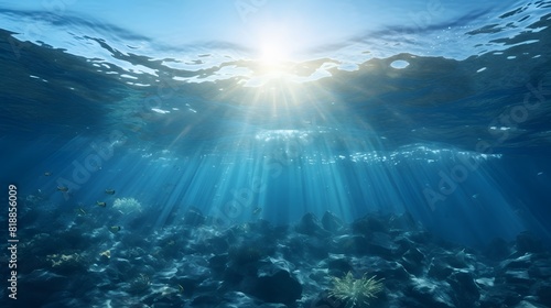 Beautiful blue ocean background with sunlight. Generative AI. © Studicon