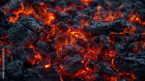 Burning coals. Coals and flames. Hot coals texture background