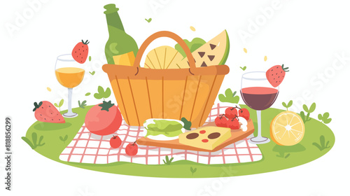 Tasty food and drinks lying in basket and on blanket