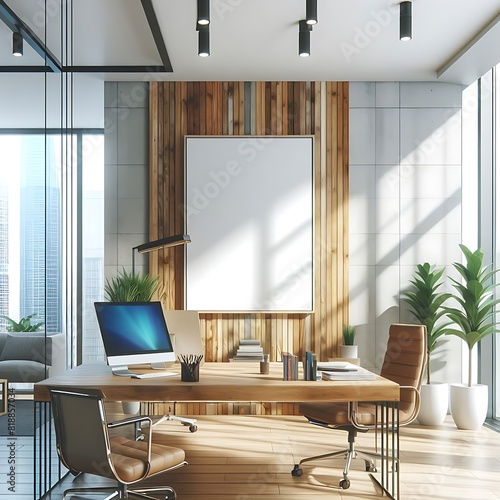 A office room with a mockup poster empty white and with a desk and chairs realistic image attractive art card design.
