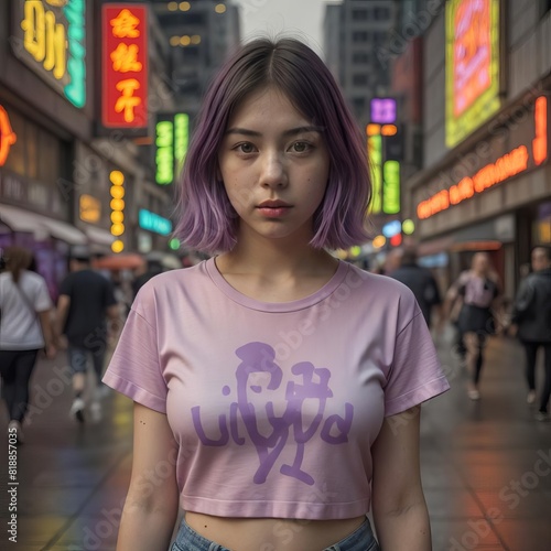 Young asian woman in a purple top in a crowded neon asian city