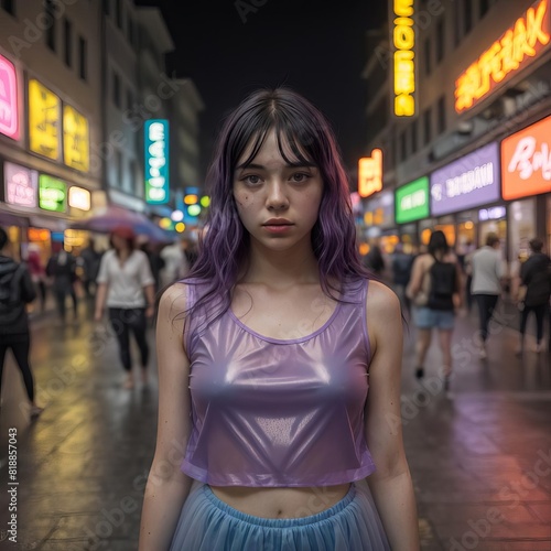 Young asian woman in a purple top in a crowded neon asian city