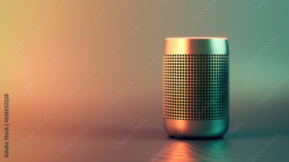 A detailed 3D rendering of a digital assistant speaker on a gradient background from gold to green A detailed 3D rendering of a digital assistant speaker on a gradient background from gold to green