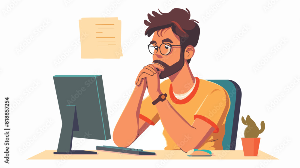 Thoughtful man working at computer. Programmer coding