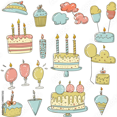 Whimsical hand-drawn birthday cake collection with candles, balloons, cupcakes, and festive decorations in a playful, pastel, and doodle-style illustration, perfect for celebrations and invitations.