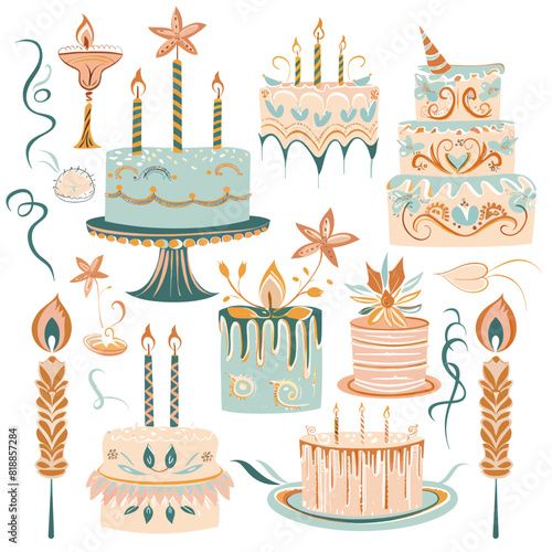 Elegant hand-drawn birthday cake collection with candles, floral decorations, and intricate designs in a pastel, vintage, and artistic style, perfect for celebrations and invitations.