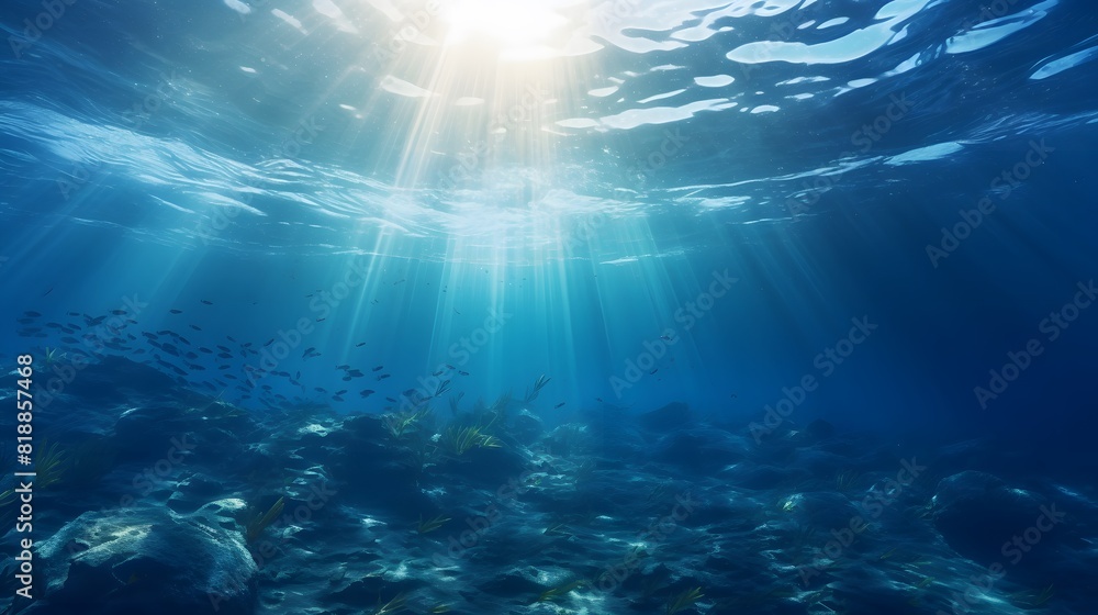 Fototapeta premium Beautiful blue ocean background with sunlight. Generative AI.