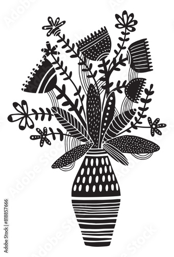 Bouquet of flowers in vase linocut style silhouette stencil template