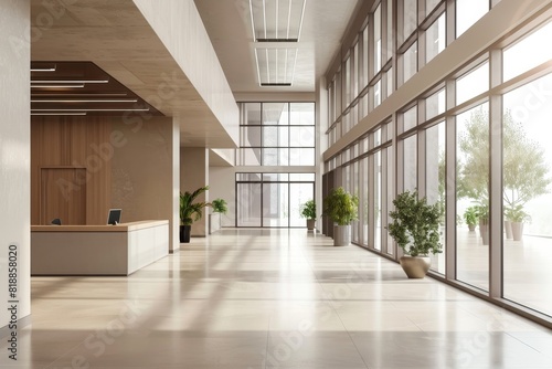 Spacious modern office hall with panoramic windows in natural beige and brown tones