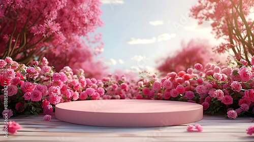 Podium background flower rose product pink 3d spring table beauty stand display nature white. Garden rose floral summer background 