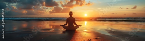 Solo Traveler Meditating at Serene Sunrise on Tranquil Beach in Bali Spiritual Travel Concept with Copy Space © Thares2020