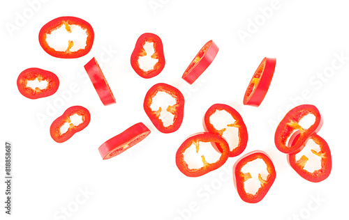 Red sliced chili pepper isolated on a white background, view from above. Fresh mexico hot cayenne spicy.