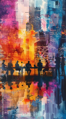 An artistic depiction of teamwork and collaboration in a modern office environment, with diverse professionals working together towards a common goal, blending with a contemporary impressionist art