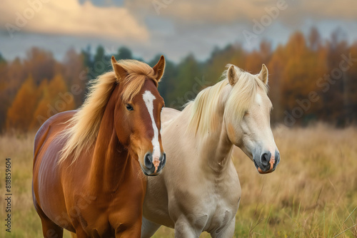 red and palomino horses in a field