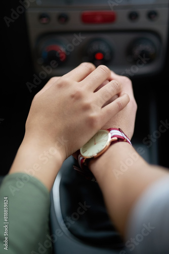Driving  hands and love with couple in car together for journey  road trip of travel closeup. Date  romance or support with man and woman relaxing in vehicle for bonding  holiday or vacation