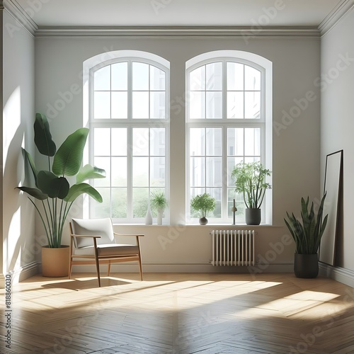 A Room with a mockup poster empty white and with a chair and plants art used for printing image card design realistic.