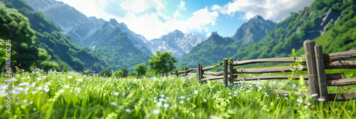 Scenic Alpine Meadow in Europe, Lush Green Grass and Distant Mountains Under a Sunny Sky
