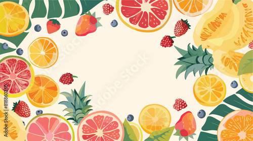 Tropical fruits and berries frame. Square card backgr