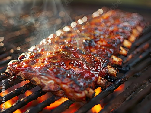 Sticky and tender BBQ ribs glazed to perfection on a grill during an outdoor gathering, bathed in golden hour light 