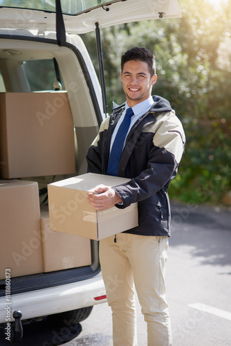 Box, delivery and van with portrait of man on street of neighborhood for distribution or shipping. Ecommerce, logistics and supply chain with person carrying package in uniform for product shipment