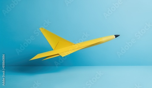 Yellow paper plane on blue background, Business competition concept. copy space