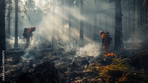 Firefighters extinguishing hotspots and smoldering embers after a forest fire
